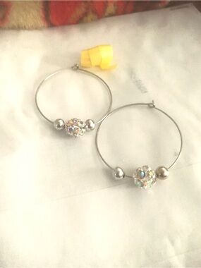 Silver Hoop Earrings with Crystal and Silver Bead Accent NEW NWT